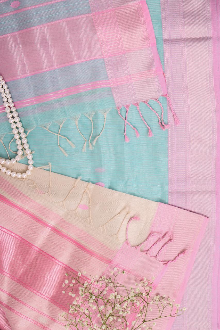 Ivory and Pink Maheshwari Tissue Silk Saree
