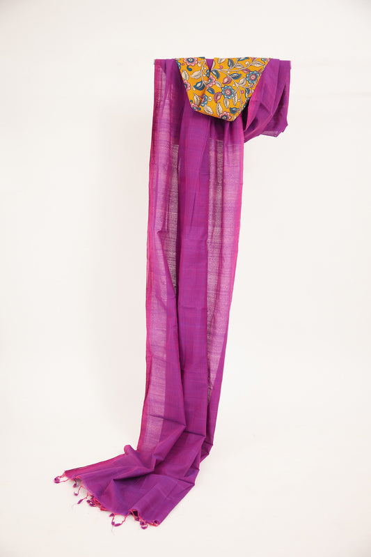 Plain Purple Mangalagiri Cotton Saree with Yellow Block Print Blouse
