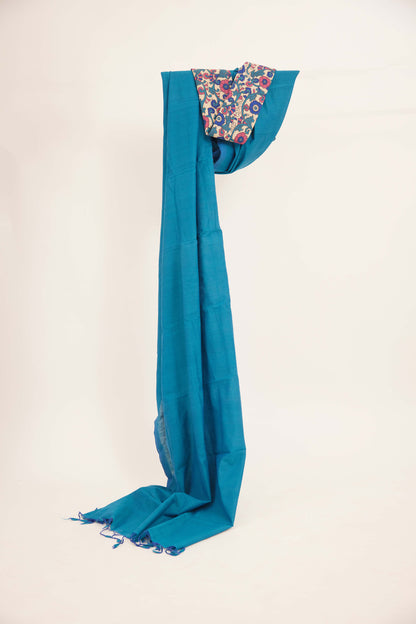 Plain Blue Mangalagiri Cotton Saree with Block Print Blouse