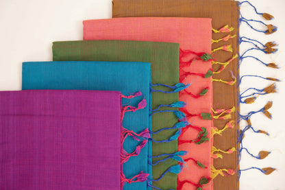 Plain Purple Mangalagiri Cotton Saree with Yellow Block Print Blouse