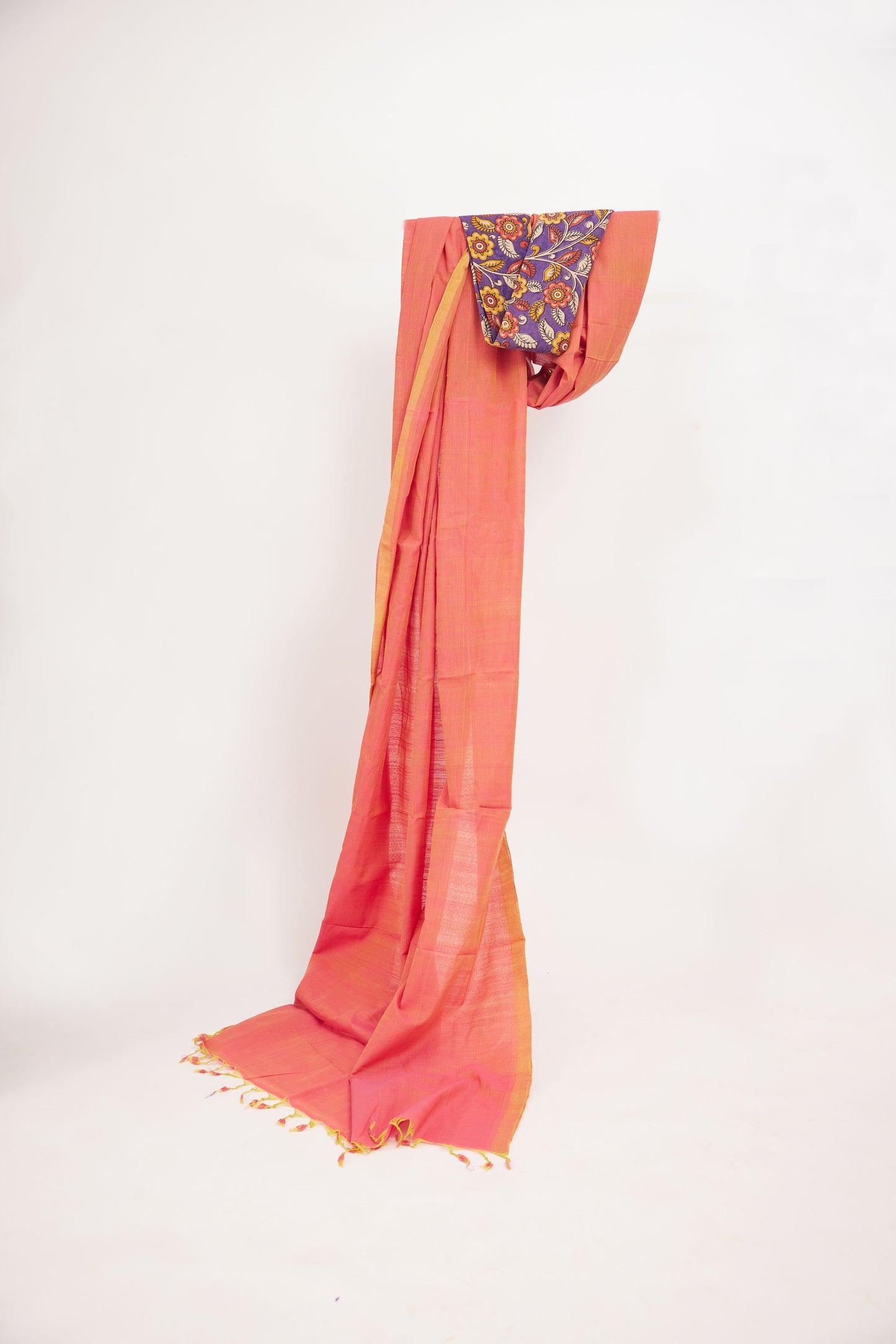 Plain Purple Mangalagiri Cotton Saree with Yellow Block Print Blouse