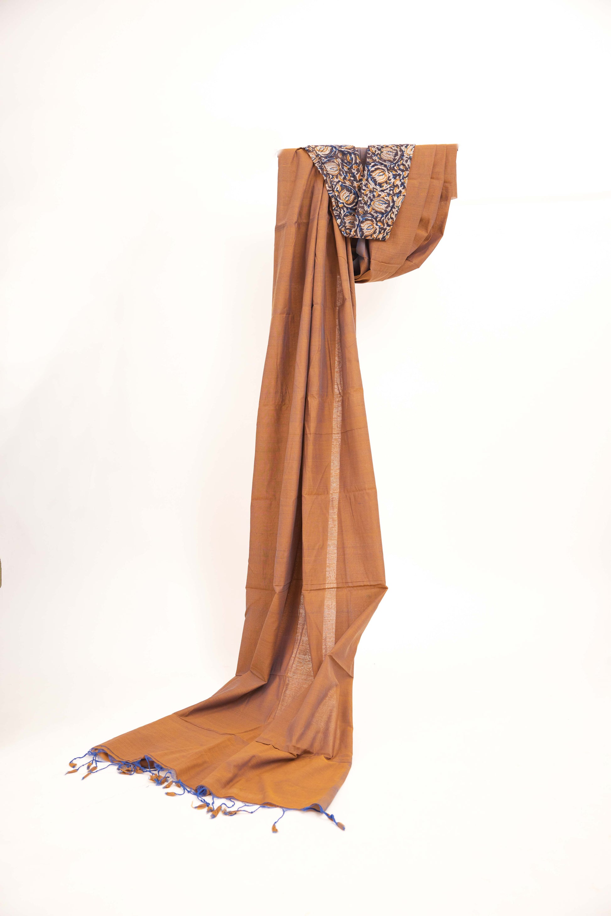 Plain Gold Mangalagiri Cotton Saree with Brown Block Print Blouse