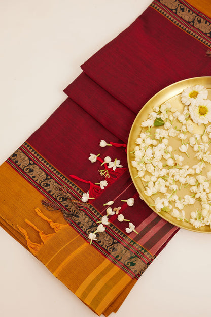 Red Mangalagiri Cotton Saree with Mustard Elephant Border
