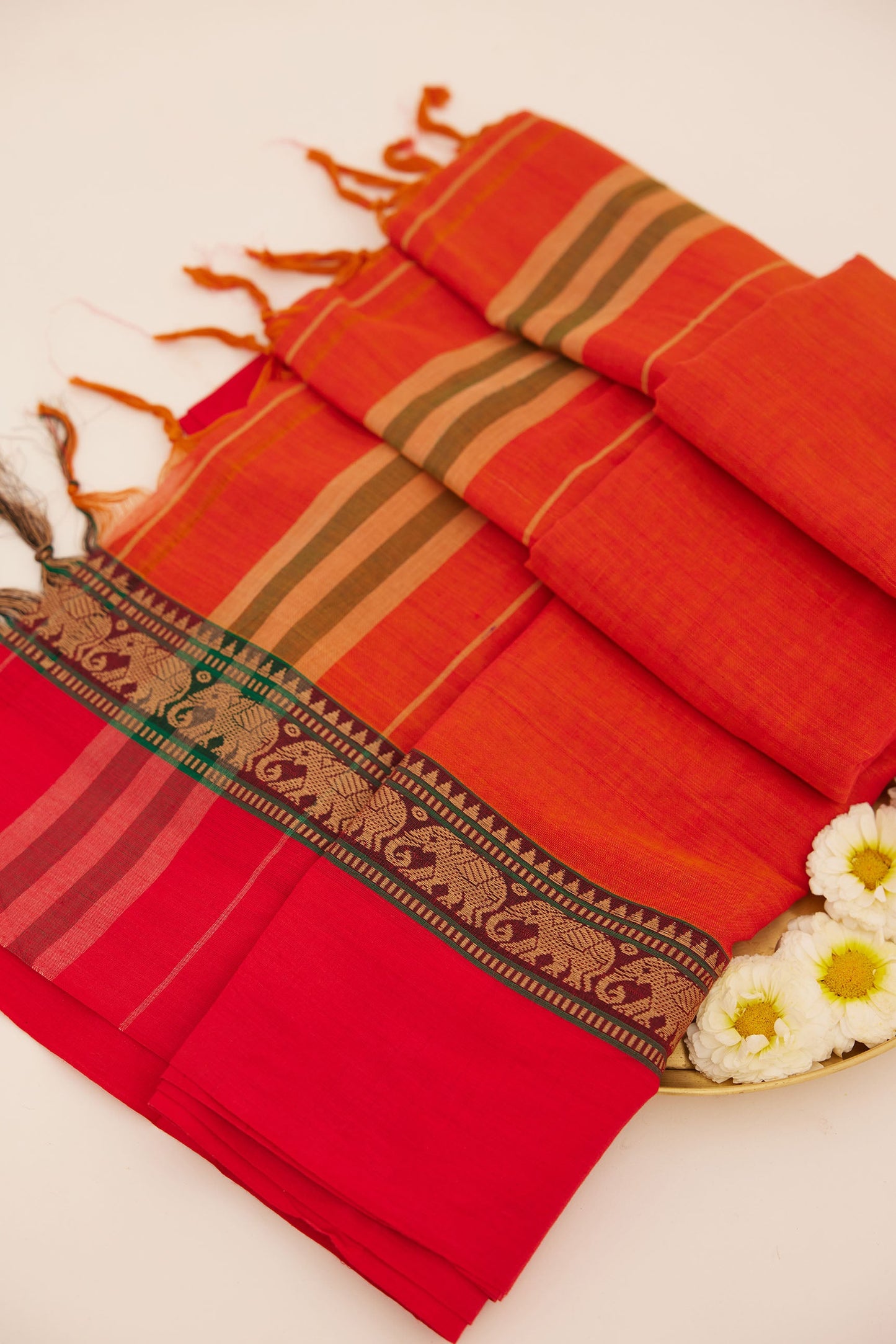 Red Mangalagiri Cotton Saree with Mustard Elephant Border