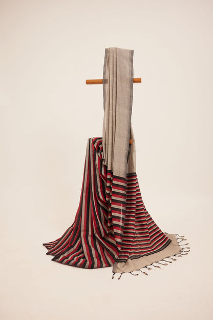 Grey Mangalagiri Cotton Saree with Colourful Stripes