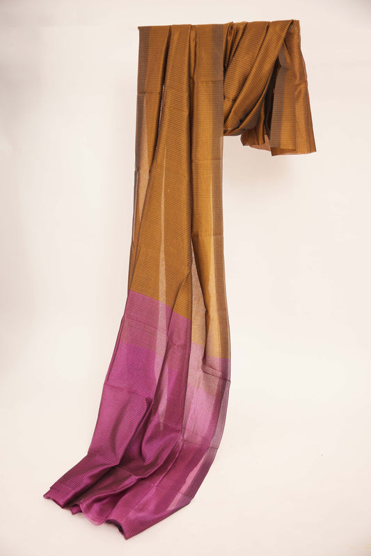 Gold Self-Checked Mangalagiri Cotton Silk Saree with Purple Pallu