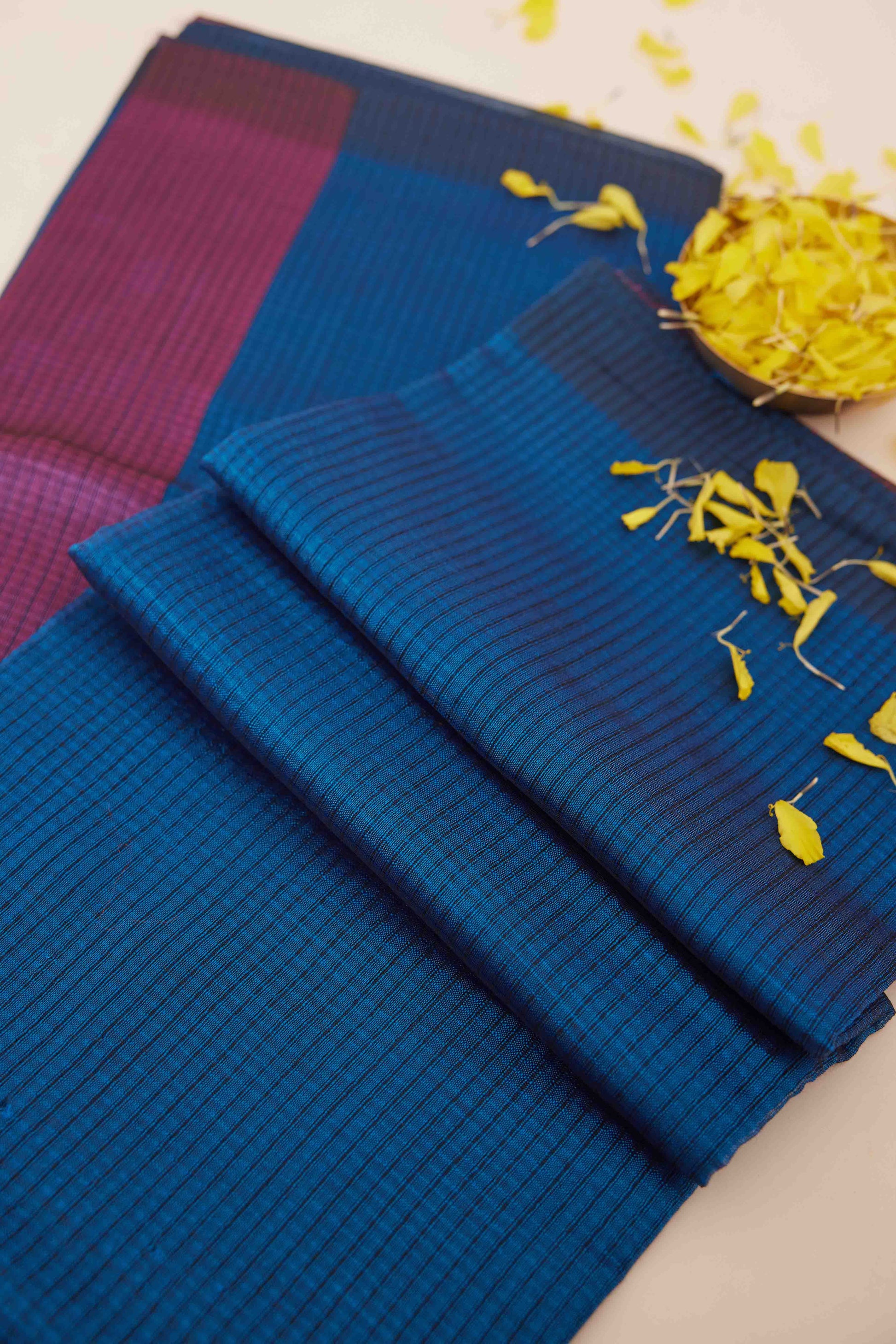 Blue Self-Checked Mangalagiri Cotton Silk Saree with Purple Pallu