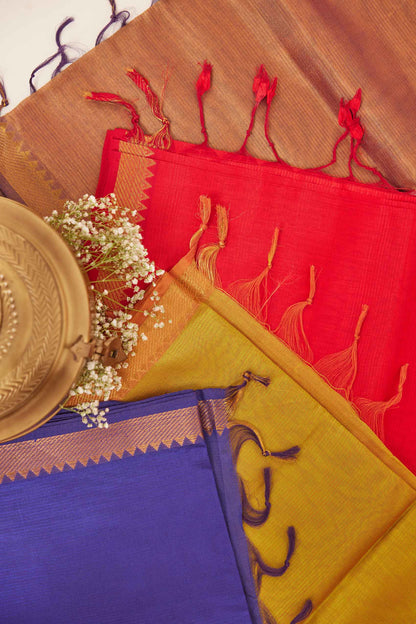 Red Mangalagiri Cotton Silk Saree with Gold Zari Border