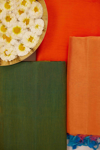 Orange Mangalagiri Cotton Silk Saree with Blue Ikat Pallu