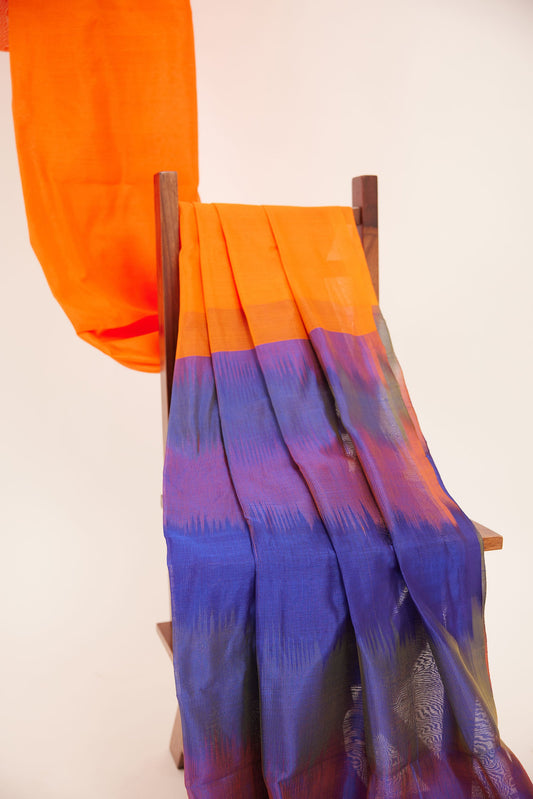 Orange Mangalagiri Cotton Silk Saree with Blue Ikat Pallu