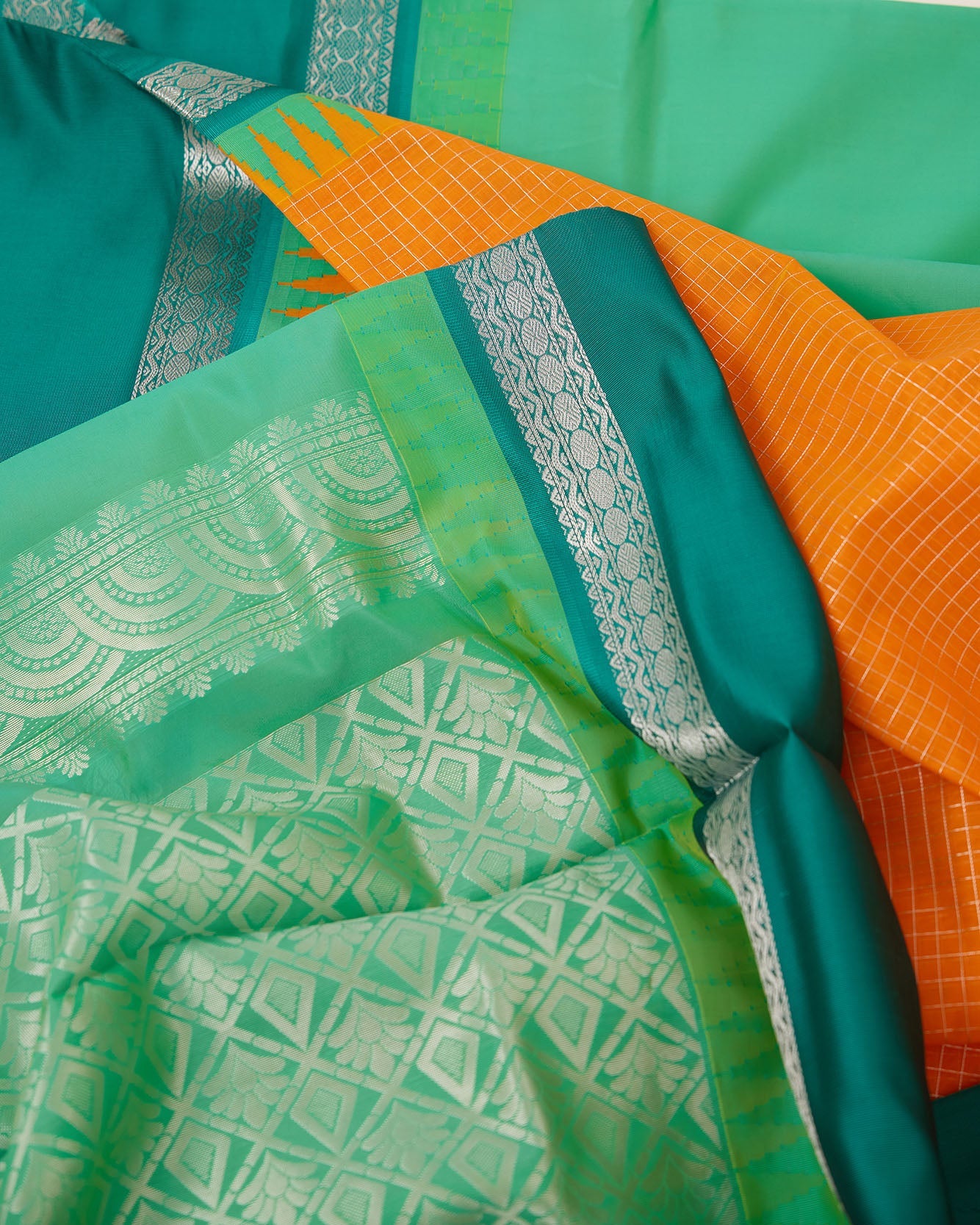 Orange Checkered Mangalagiri Cotton Silk Saree with Blue Zari Pallu