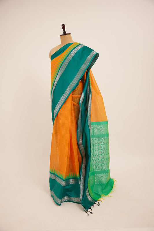 Orange Checkered Mangalagiri Cotton Silk Saree with Blue Zari Pallu
