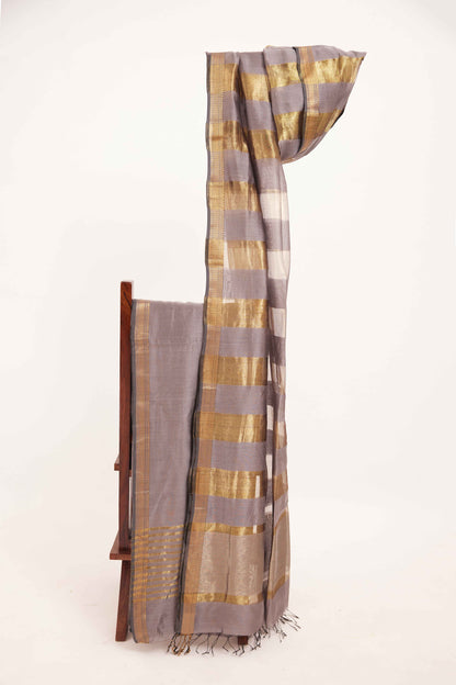 Maheshwari Cotton Silk Dress Material – Grey with Gold Zari