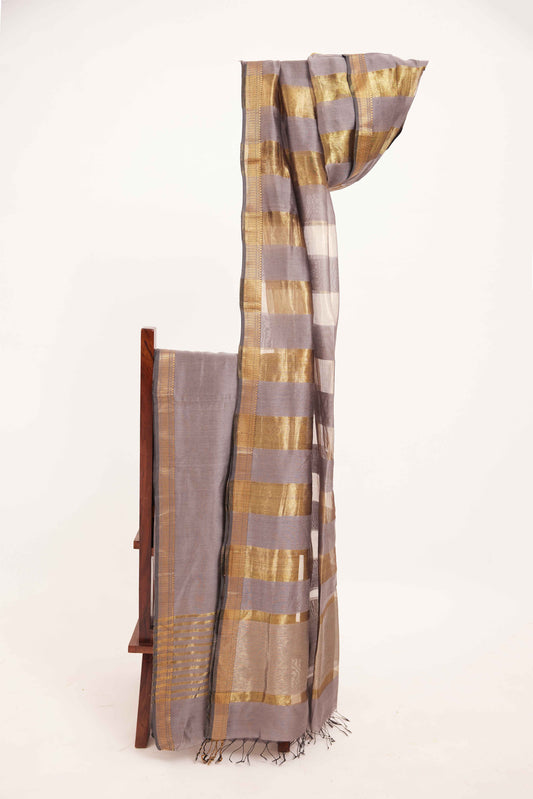 Maheshwari Cotton Silk Dress Material – Grey with Gold Zari