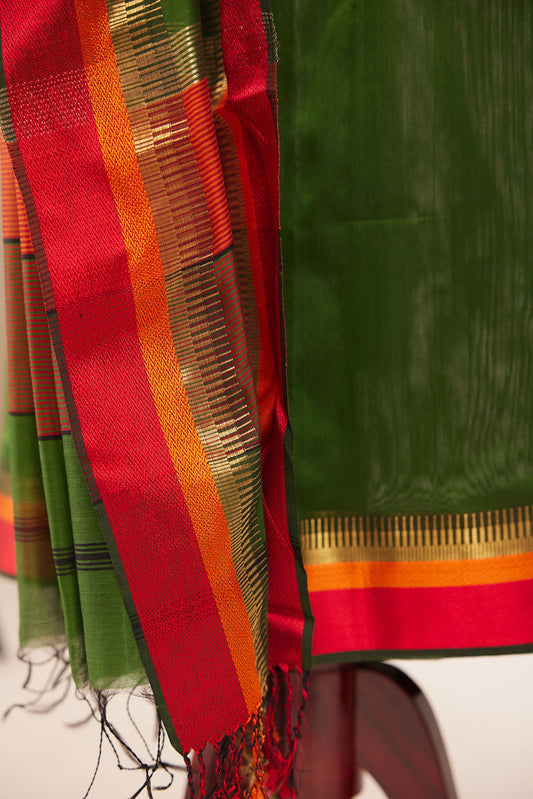 Maheshwari Cotton Silk Dress Material – Olive Green with Red, Orange & Gold Zari Border