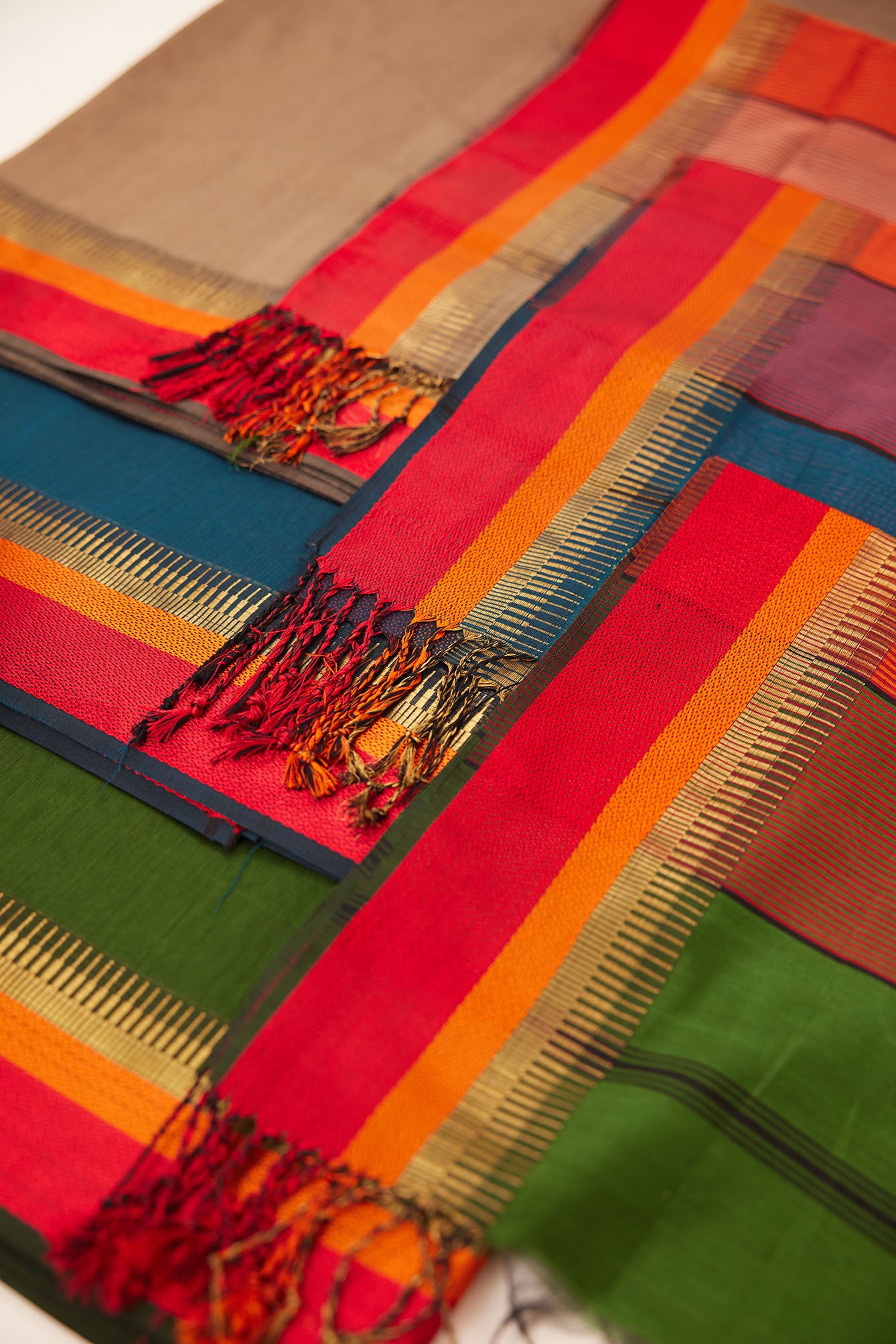 Maheshwari Cotton Silk Dress Material – Olive Green with Red, Orange & Gold Zari Border