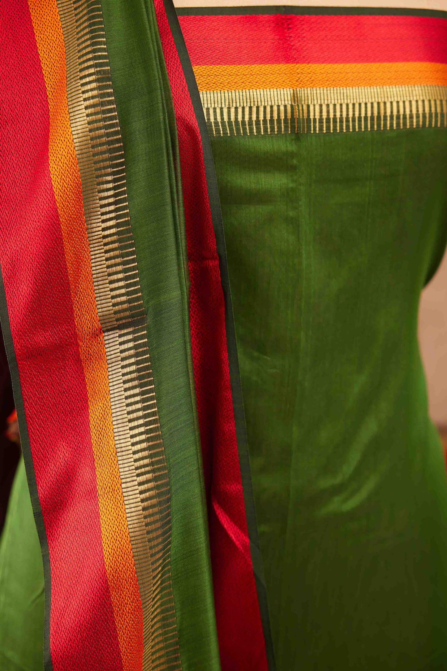 Maheshwari Cotton Silk Dress Material – Olive Green with Red, Orange & Gold Zari Border