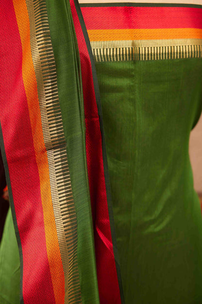 Maheshwari Cotton Silk Dress Material – Olive Green with Red, Orange & Gold Zari Border