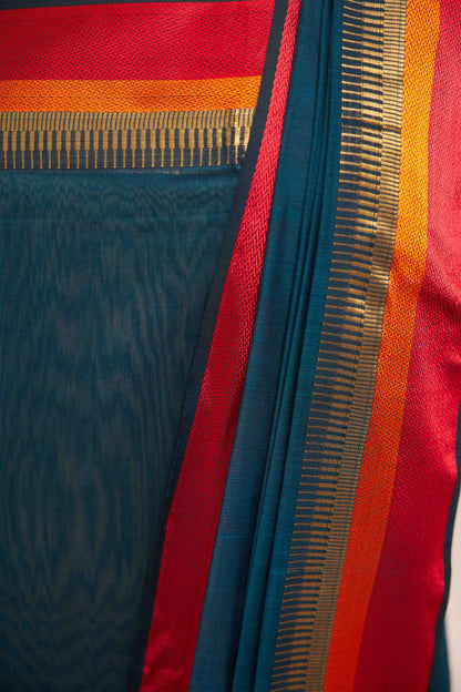Maheshwari Cotton Silk Dress Material – Olive Green with Red, Orange & Gold Zari Border