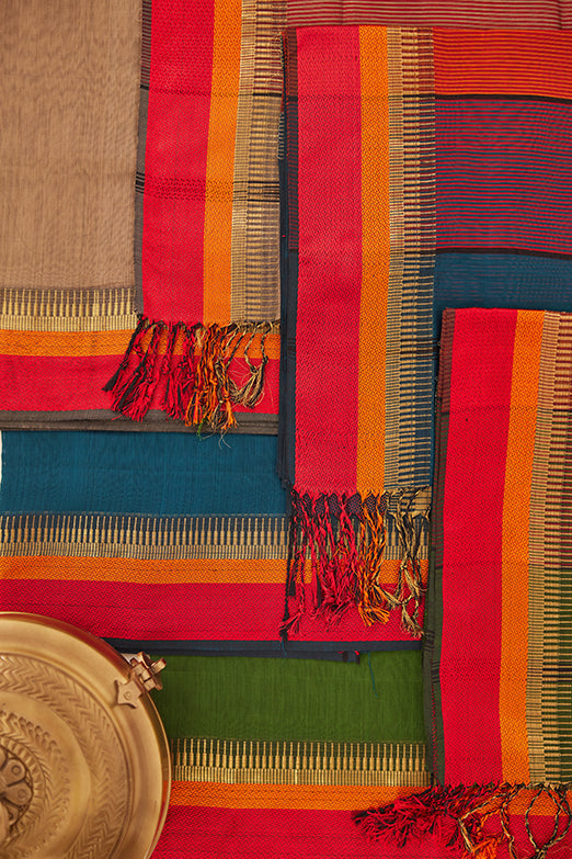 Maheshwari Cotton Silk Dress Material – Beige Green with Red, Orange & Gold Zari Border