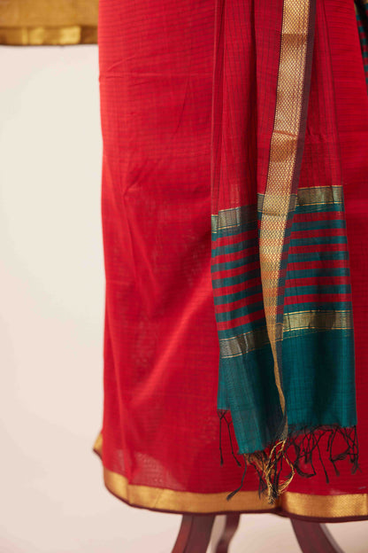 Maheshwari Cotton Silk Dress Material – Red with Gold Zari Border & Red-Green Dupatta