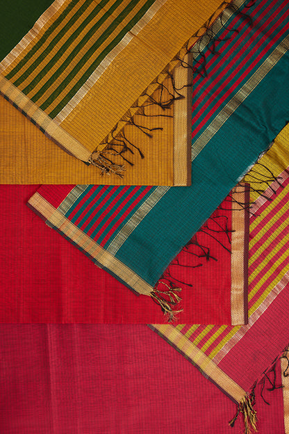 Maheshwari Cotton Silk Dress Material – Red with Gold Zari Border & Red-Green Dupatta