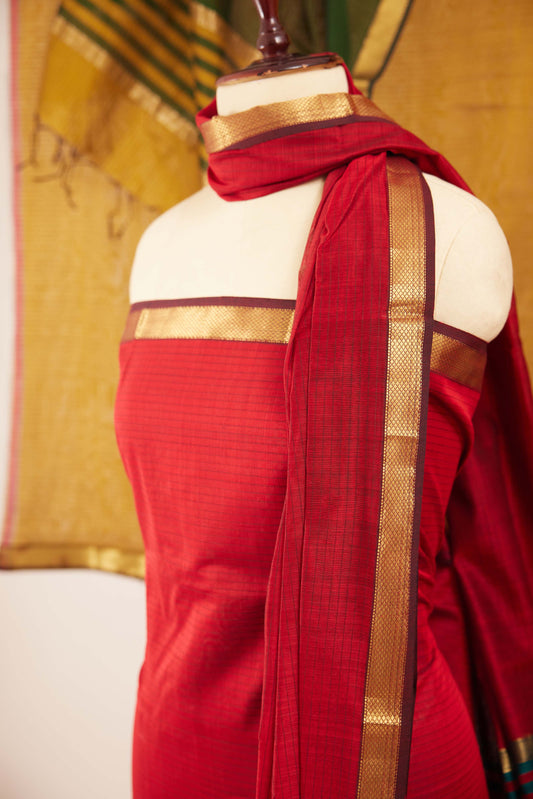 Maheshwari Cotton Silk Dress Material – Red with Gold Zari Border & Red-Green Dupatta