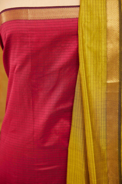 Maheshwari Cotton Silk Dress Material – Pink with Gold Zari Border & Yellow-Pink Dupatta