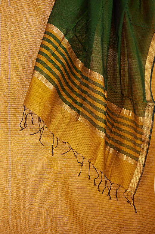 Maheshwari Cotton Silk Dress Material – Gold with Gold Zari Border & Green-Gold Dupatta