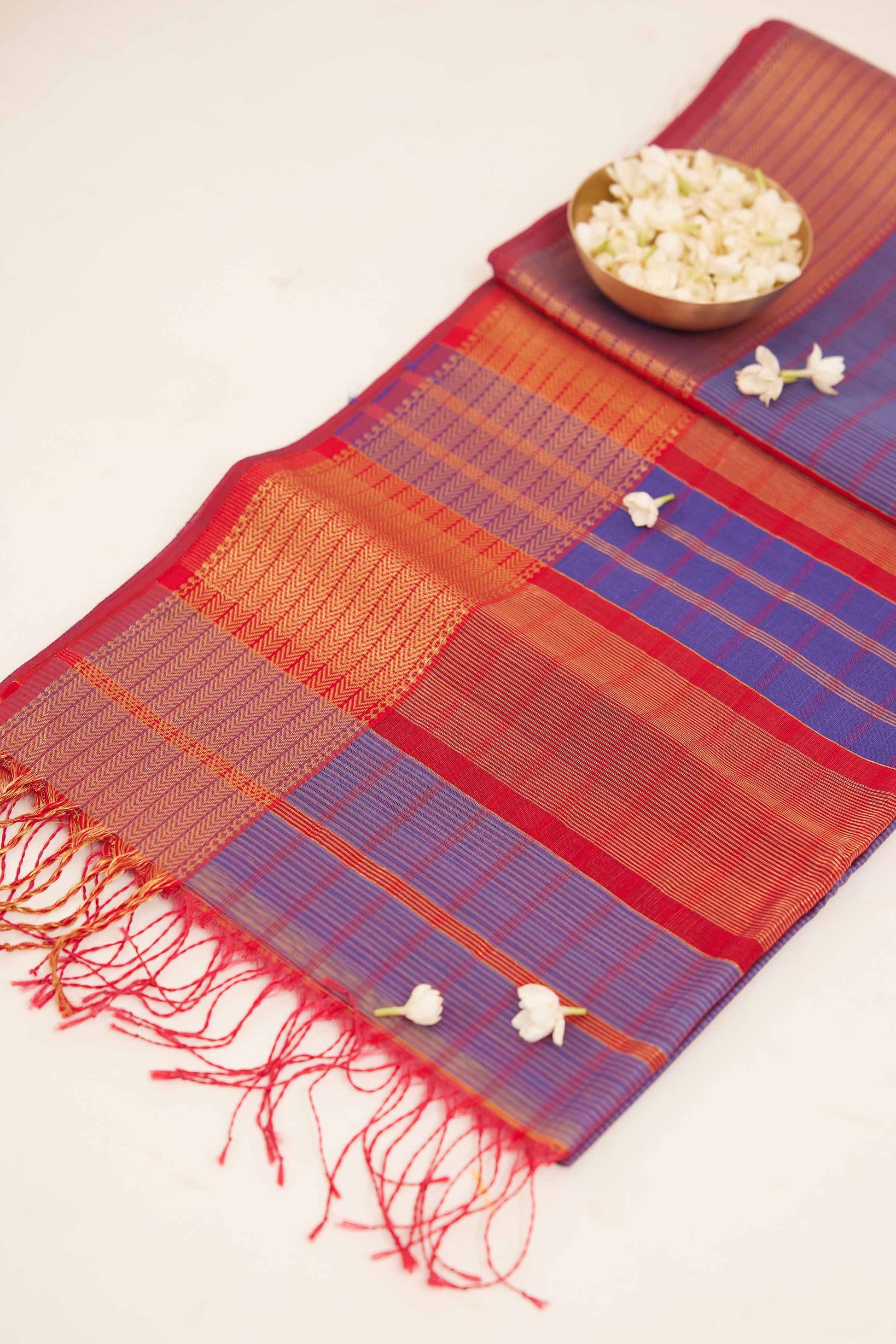 Blue Maheshwari Cotton Silk Saree with Red Stripes & Zari Border