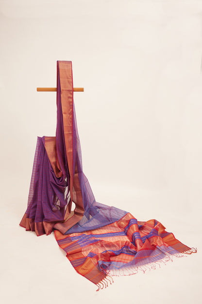 Blue Maheshwari Cotton Silk Saree with Red Stripes & Zari Border