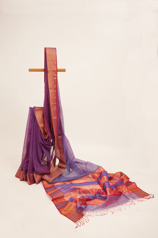 Blue Maheshwari Cotton Silk Saree with Red Stripes & Zari Border