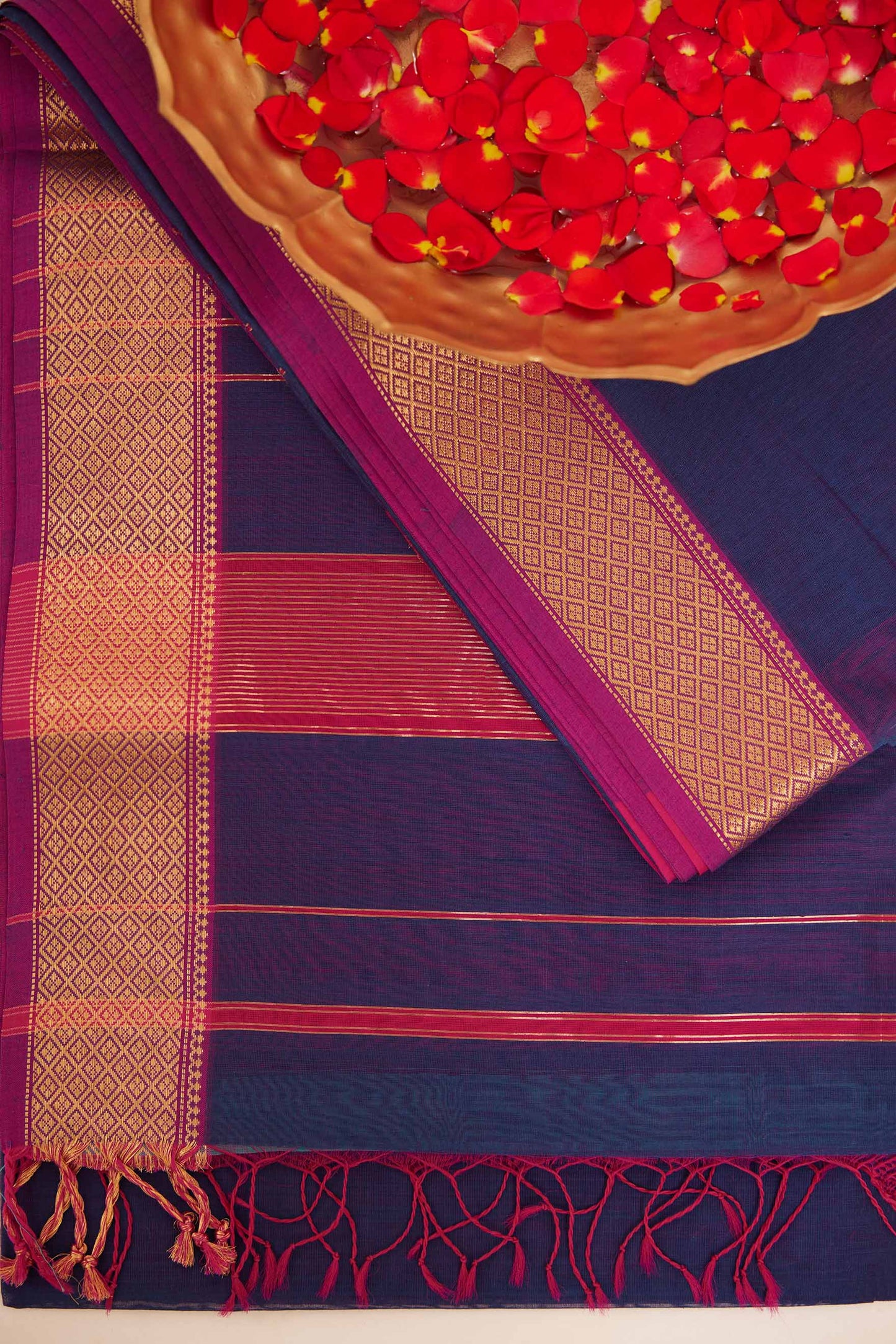 Blue Maheshwari Cotton Silk Saree with Pink Zari Border