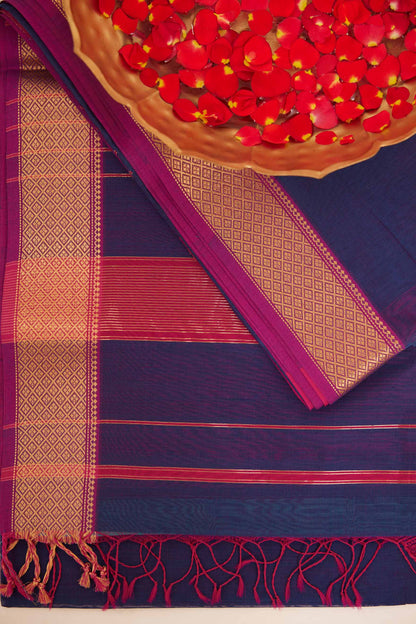 Blue Maheshwari Cotton Silk Saree with Pink Zari Border