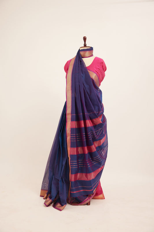 Blue Maheshwari Cotton Silk Saree with Pink Zari Border