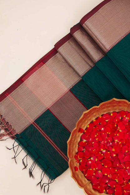 Dark Green Maheshwari Cotton Silk Saree with Red Zari Border