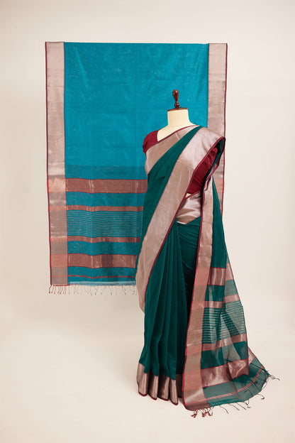 Dark Green Maheshwari Cotton Silk Saree with Red Zari Border