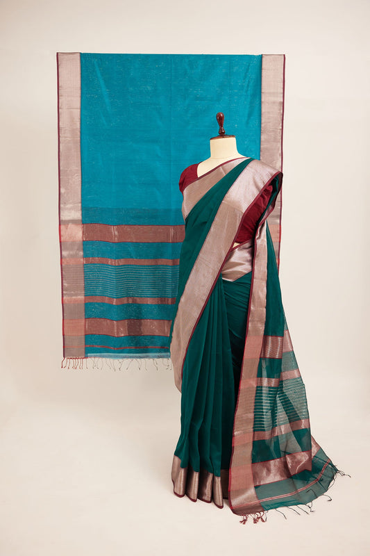 Dark Green Maheshwari Cotton Silk Saree with Red Zari Border