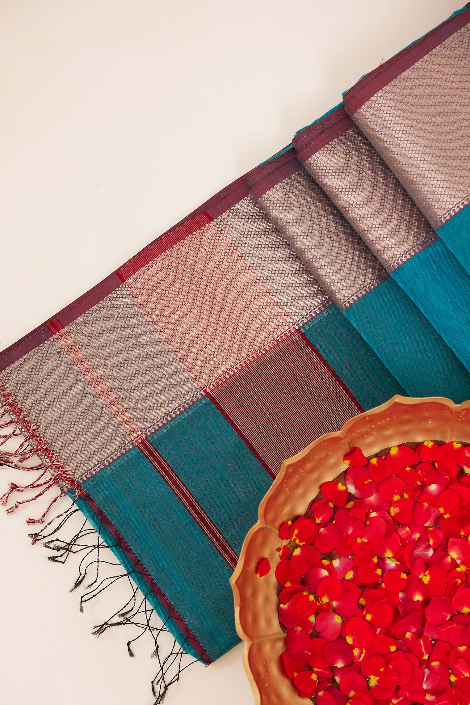 Blue Maheshwari Cotton Silk Saree with Red Zari Border