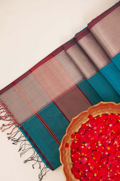 Blue Maheshwari Cotton Silk Saree with Red Zari Border