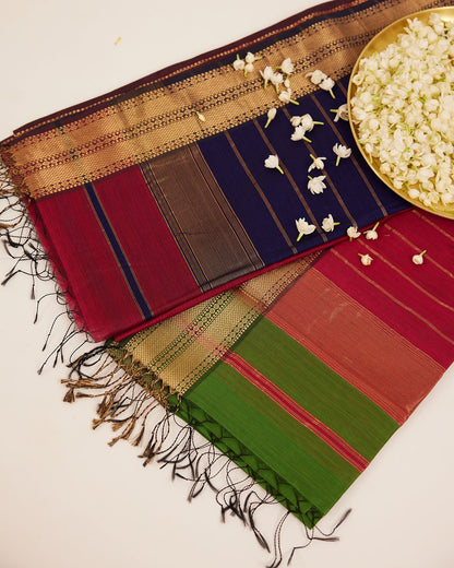 Green Maheshwari Cotton Silk Saree with Pink Pallu & Zari Border