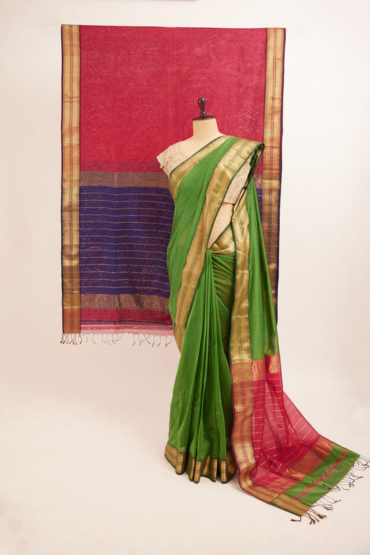 Green Maheshwari Cotton Silk Saree with Pink Pallu & Zari Border