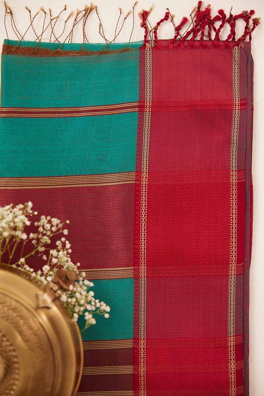 Blue Maheshwari Cotton Silk Saree with Red Zari Border