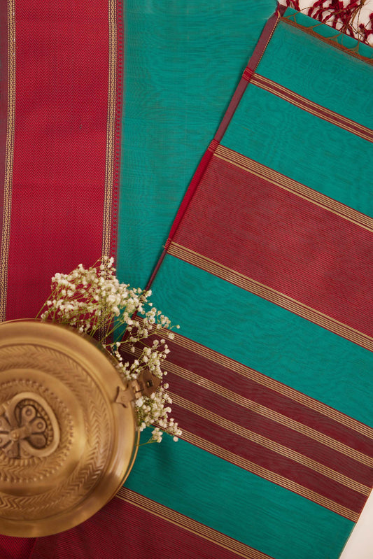 Blue Maheshwari Cotton Silk Saree with Red Zari Border