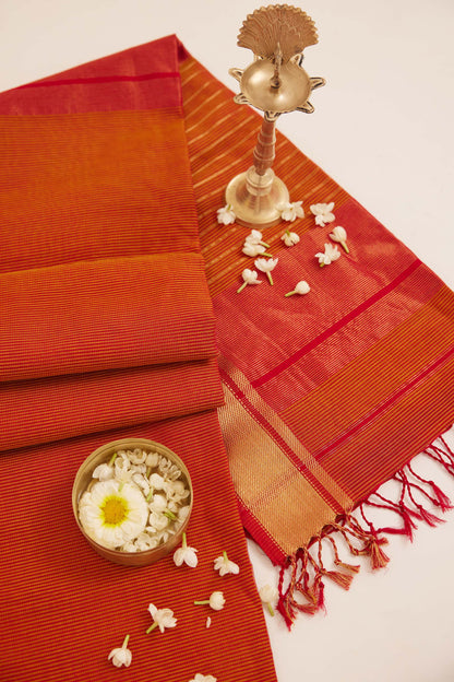 Orange & Red Striped Maheshwari Cotton Silk Saree with Thin Zari Border