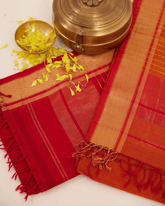 Orange & Red Striped Maheshwari Cotton Silk Saree with Thin Zari Border