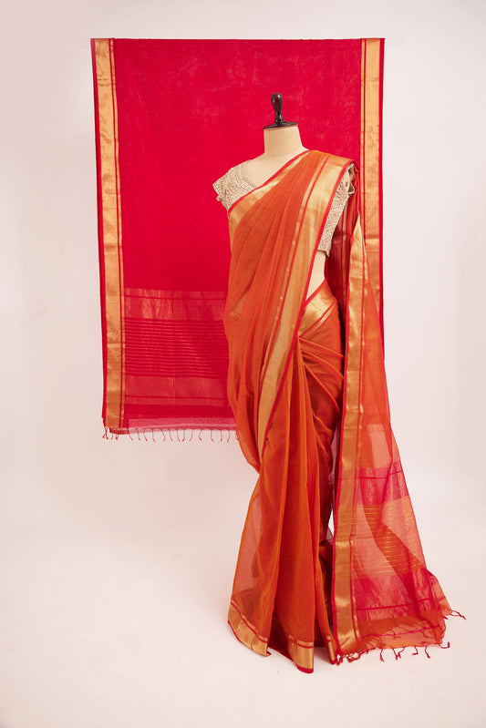 Orange & Red Striped Maheshwari Cotton Silk Saree with Thin Zari Border