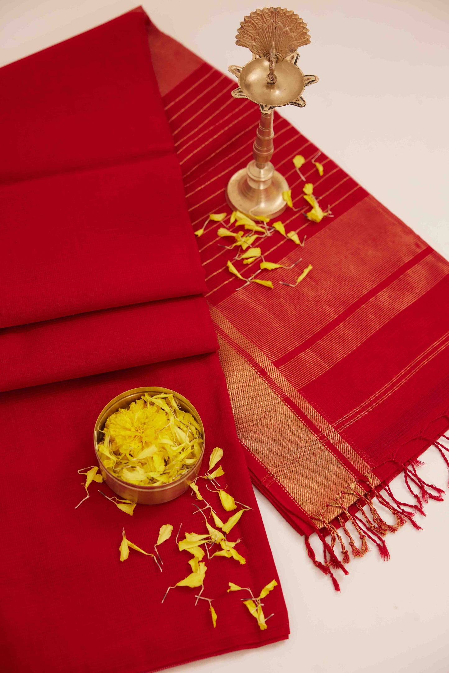 Red Striped Maheshwari Cotton Silk Saree with Thin Zari Border