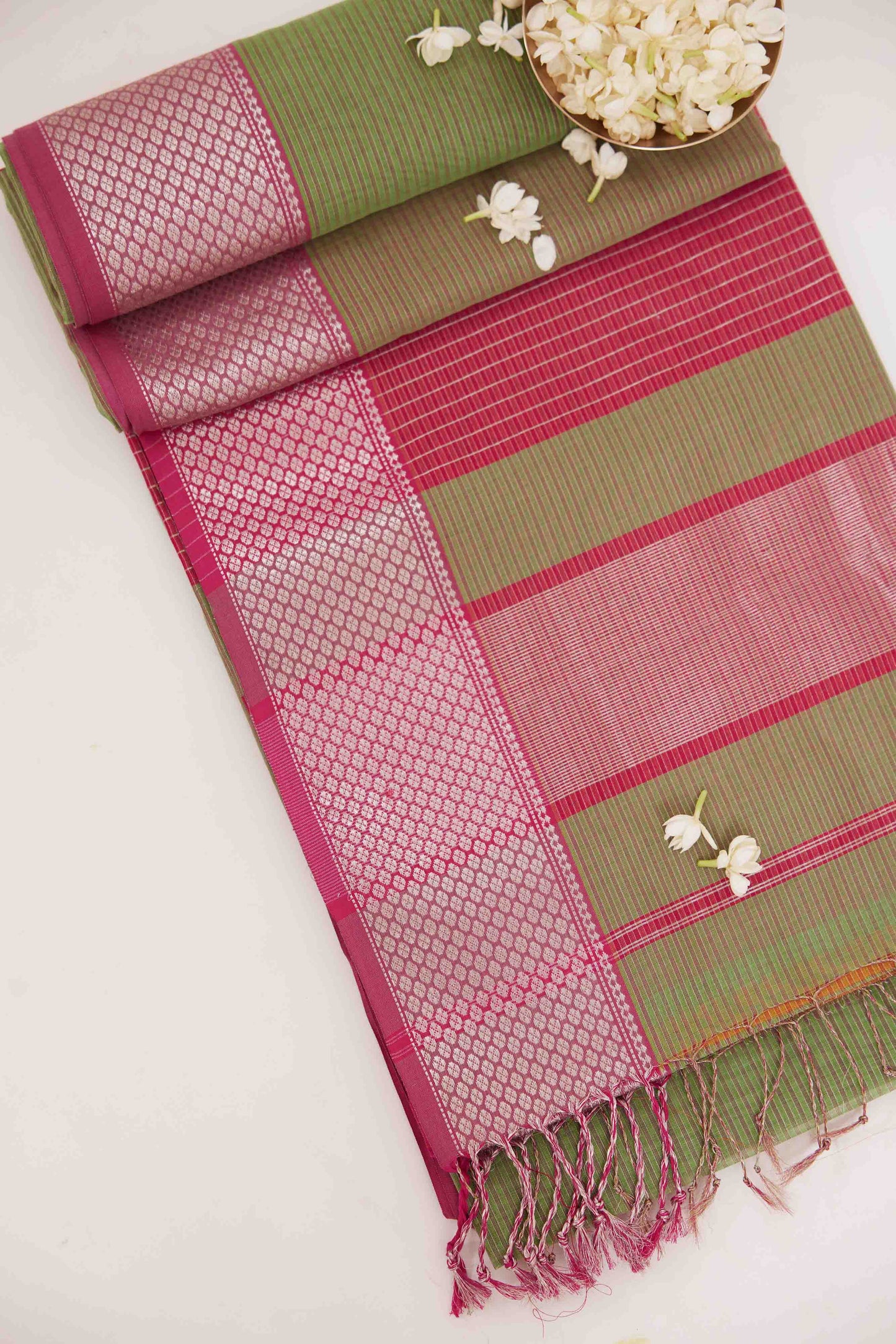 Green & Pink Striped Maheshwari Cotton Silk Saree with Pink Zari Border