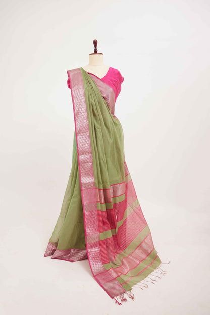 Green & Pink Striped Maheshwari Cotton Silk Saree with Pink Zari Border